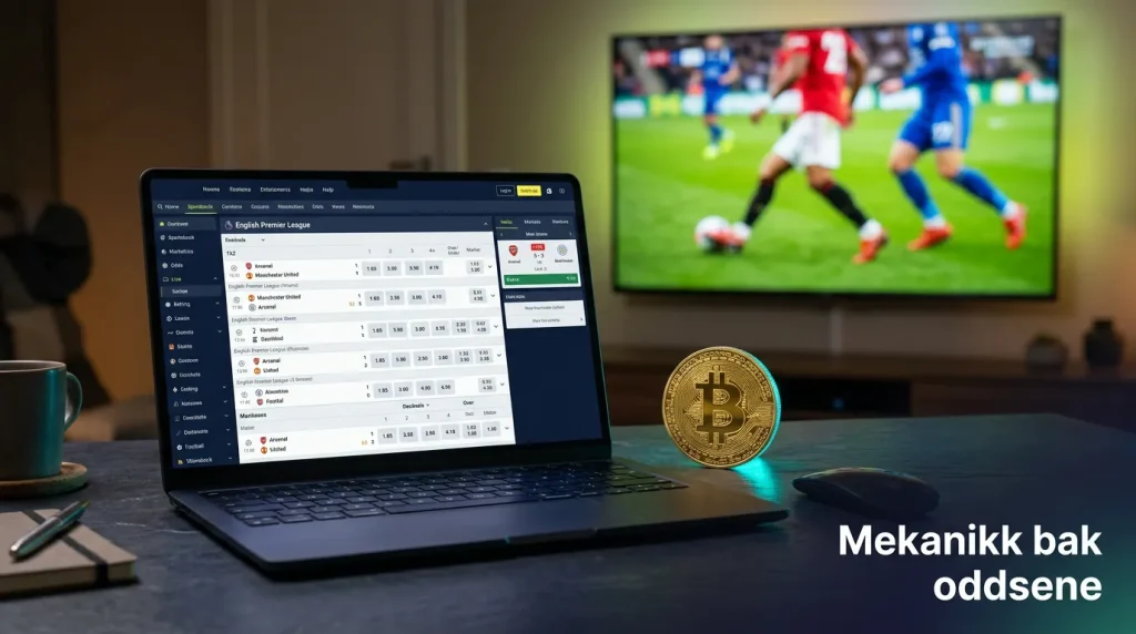 Bitcoin sportsbook – en bærbar PC med sportsbetting-odds og et Bitcoin-symbol på skjermen