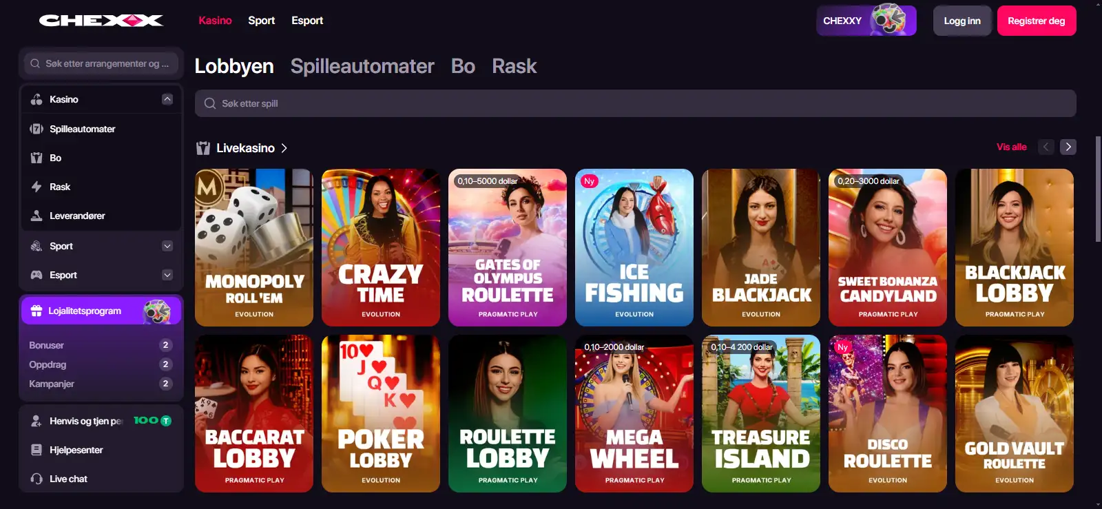 CHEXX casinolobby viser kategorier filtre og et rutenett med spill