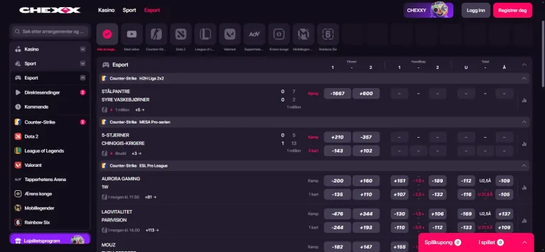 CHEXX sportsbook viser esportdisipliner kamper og odds