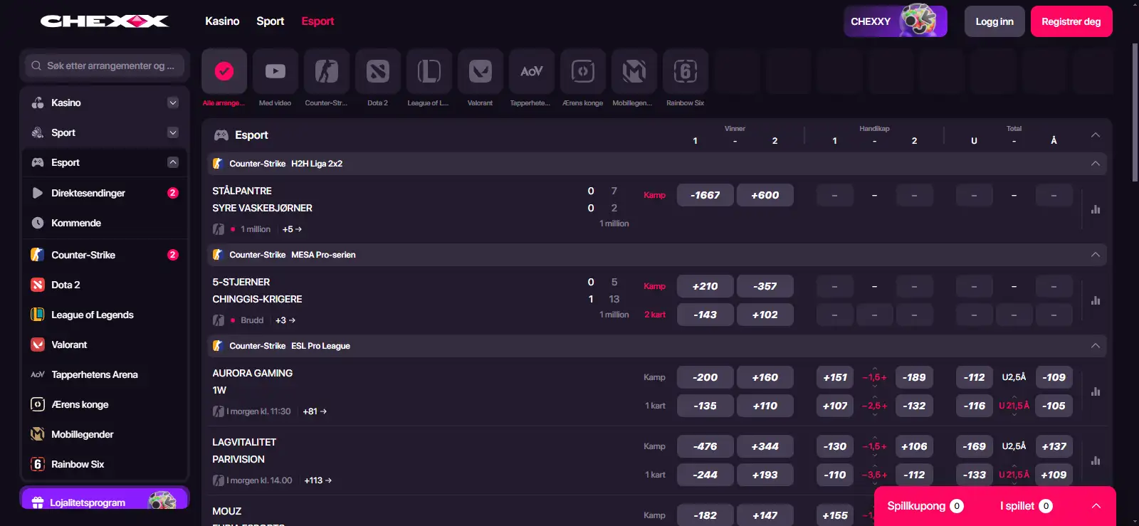 CHEXX sportsbook viser esportdisipliner kamper og odds