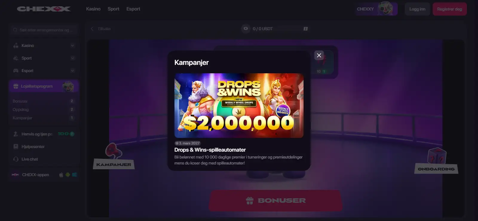 CHEXX velkomstpakke viser tre innskuddsbonuser og gratisspinn