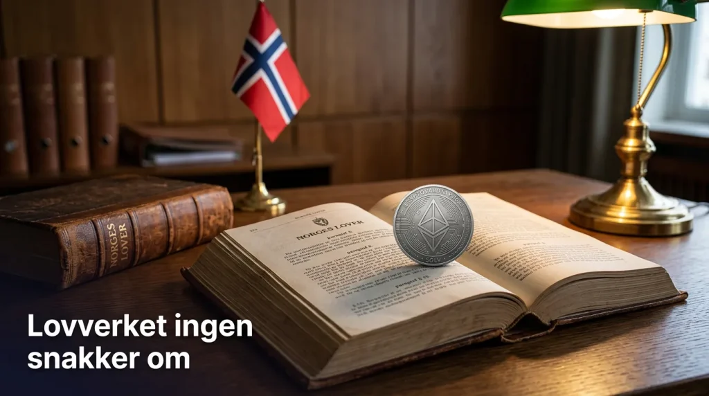 Norsk lovbok og Lotteritilsynets logo ved siden av et kryptovaluta-symbol – regulering av krypto-betting i Norge