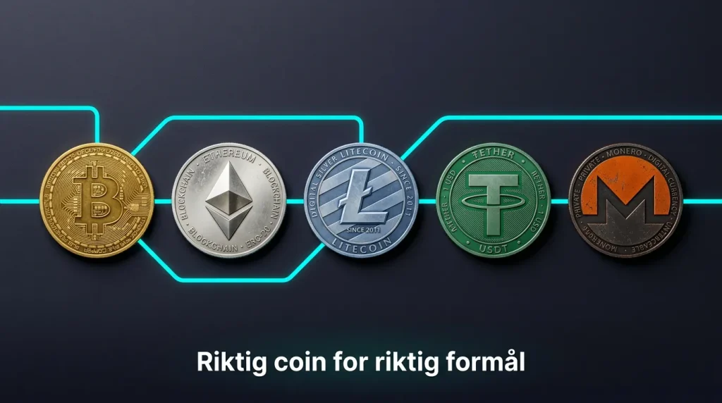 Kryptovalutaer for betting – fysiske mynter med BTC, ETH, USDT og LTC-logoer på et mørkt bord